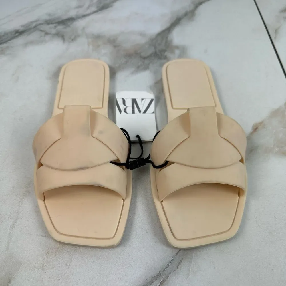 NWT Zara Women's Beige Rubberized Criss Cross Slip On Sandals Slides Flats, 6.5 - Picture 7 of 11